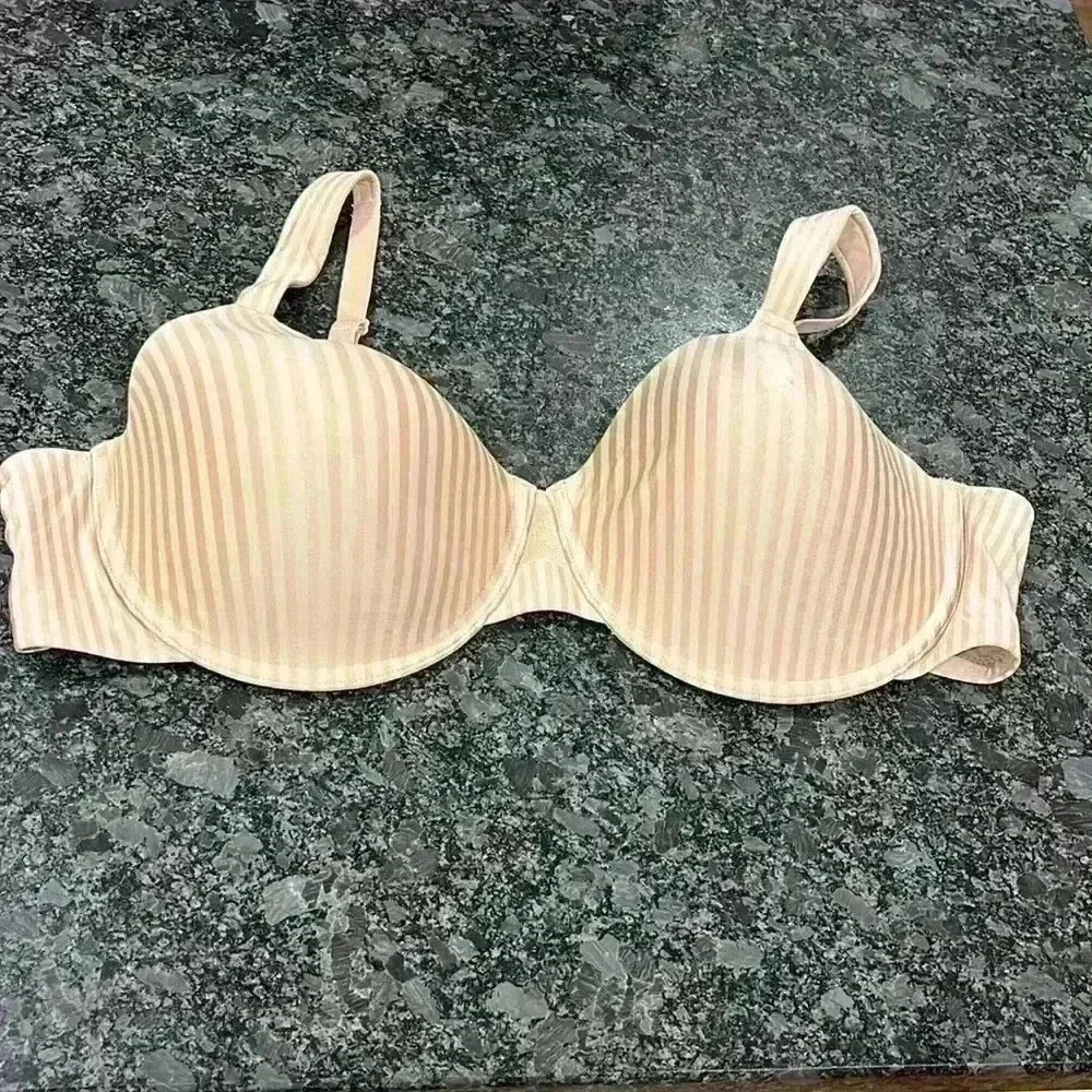 Playtex Womens Bra 44C Beige w/Gold Stripes Adj Straps Padding Underwire EUC